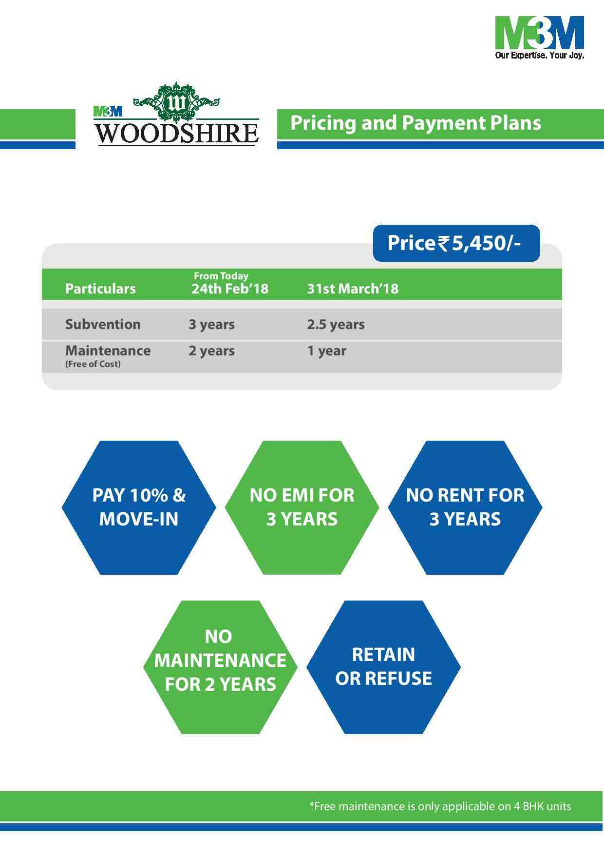 Pay no maintenance fee for 2 years at M3M Woodshire in Gurgaon Update